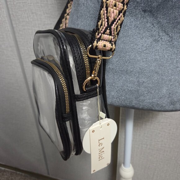 Le Miel Clear Stadium Crossbody Bag, Black Trim, Gold Hardware, Boho Strap - Picture 9 of 9